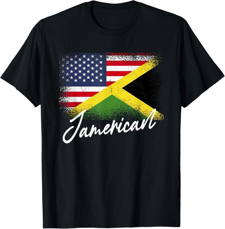 100% Cotton Jamerican - American Jamaican Roots America Jamaica Flag T-Shirt