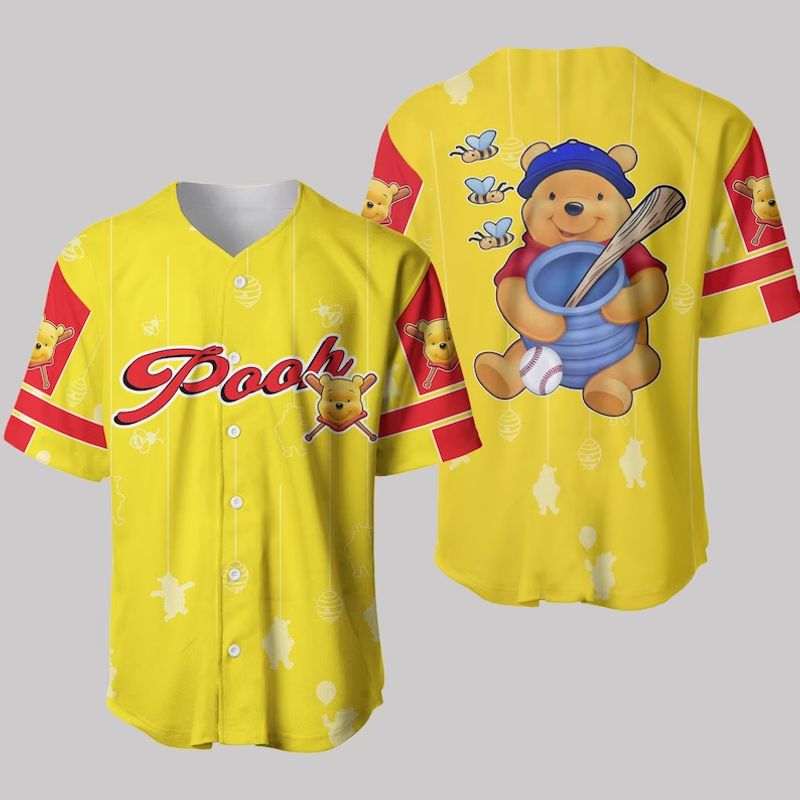 Winnie The Pooh Pattern Disney Cartoon Graphics All Over Print 3D Pinstripe Unisex Baseball Jersey - Bafud