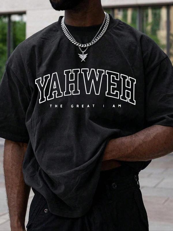 Men's Letter Print Drop Shoulder Tee, Regular Fit Casual Short Sleeve Round Neck T-shirt for Summer, Fashion Men's Top for Daily Wear, Graphic Tees, T Shirts for Men, Casual Street Style