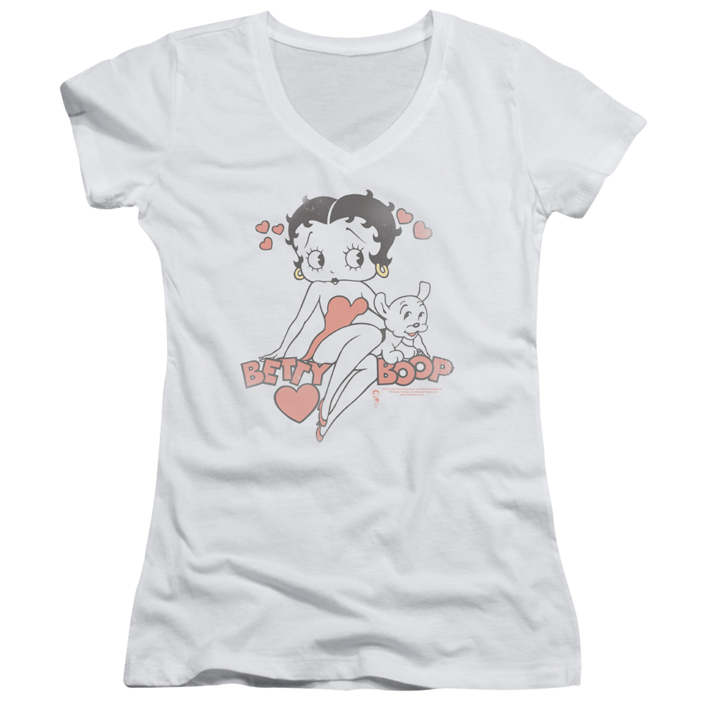 Betty Boop Classic With Pup - Juniors V-Neck T-Shirt