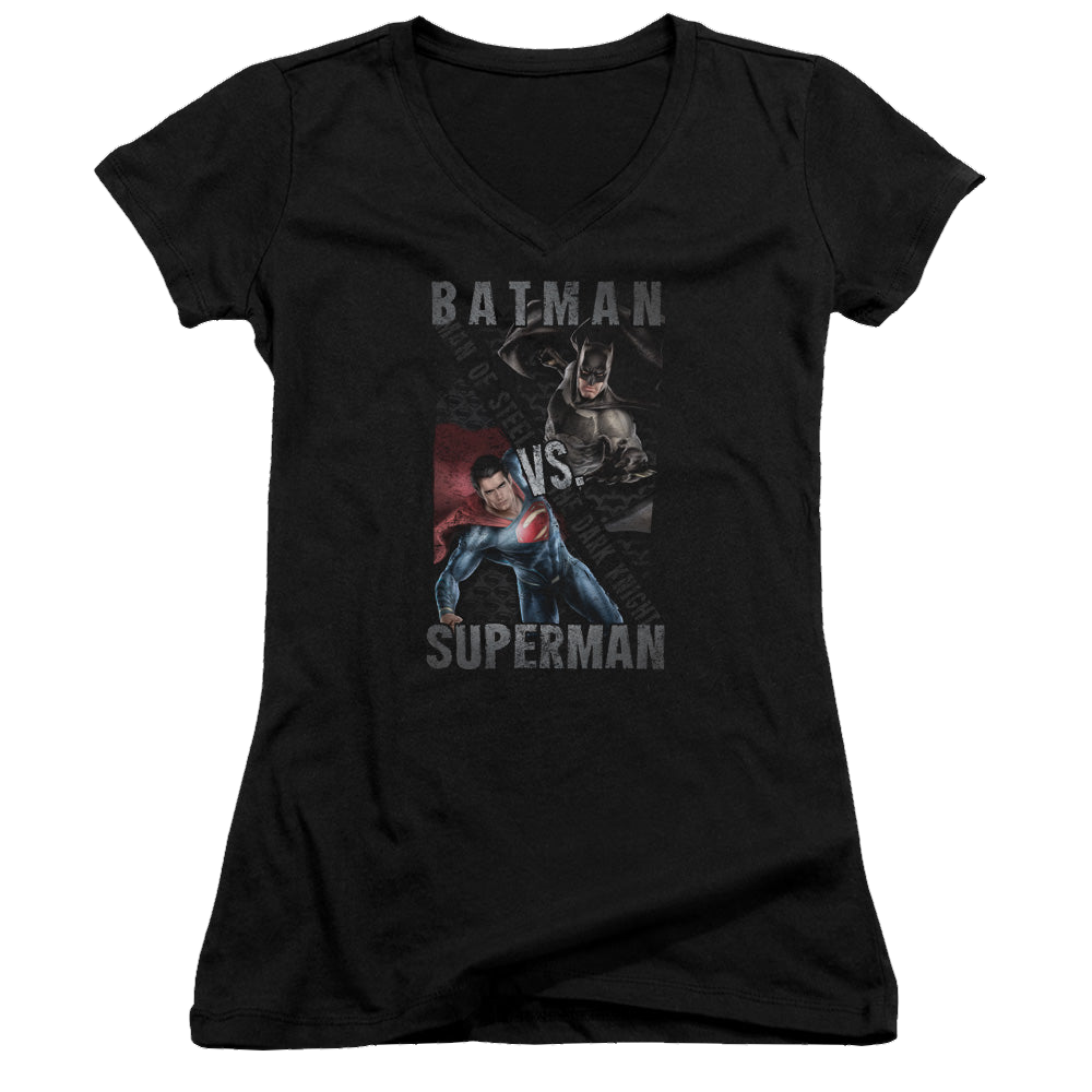 Batman v Superman Hero Split - Juniors V-Neck T-Shirt Style001