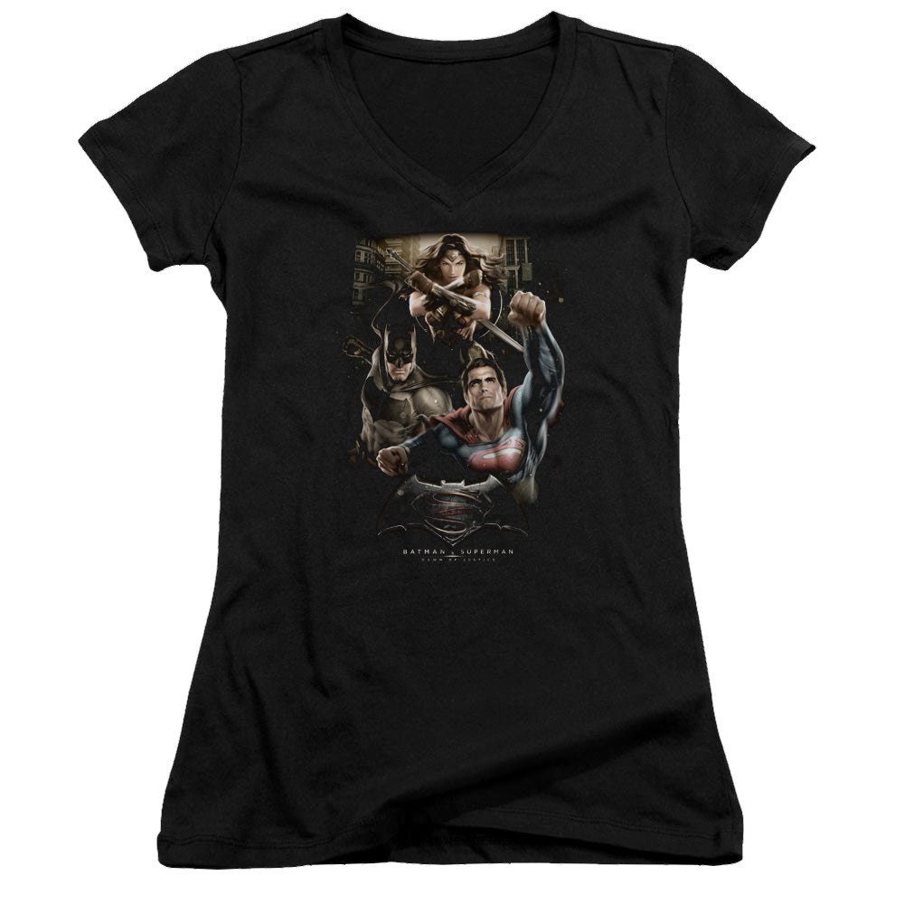 Batman v Superman Three In Action - Juniors V-Neck T-Shirt