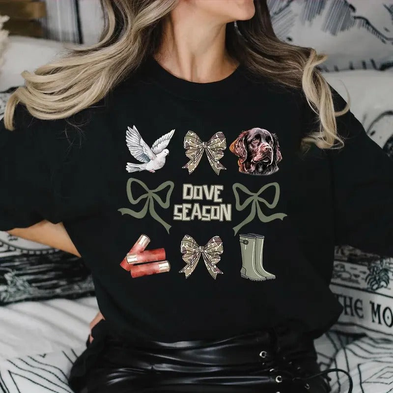 Camo Coquette Bow Sweater, Dove Season Sweatshirt, Girls Camo Bow Shirt, Hunting Camo Dude Coquette Bow Tee, Full Sizes, Full Colors, Cotton Round Neck Tee