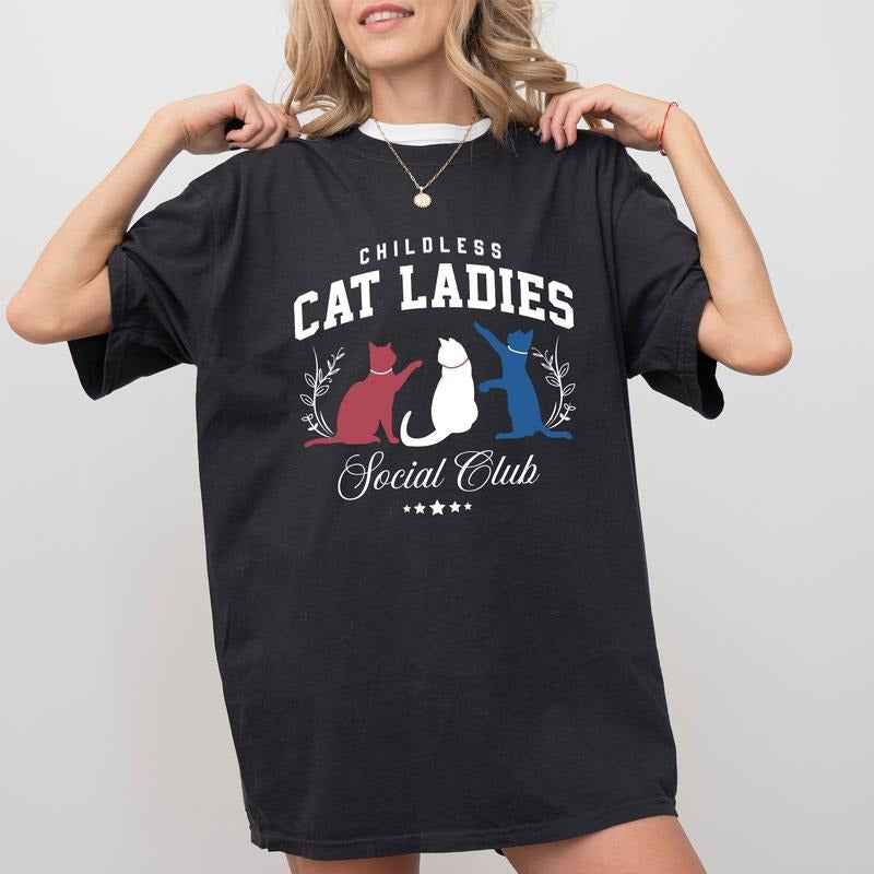 Childless Cat Ladies Social Club Comfort Colors Shirt, Cat Lover Graphic T-shirt, Meme Unhinged Top, Funny Shirt For Women, Cat Ladies Social Club 2024, Comfy Fabric Graphic Tee, Women's Tops, Womenswear, Cotton Fabric Relaxed Fit Chic Style