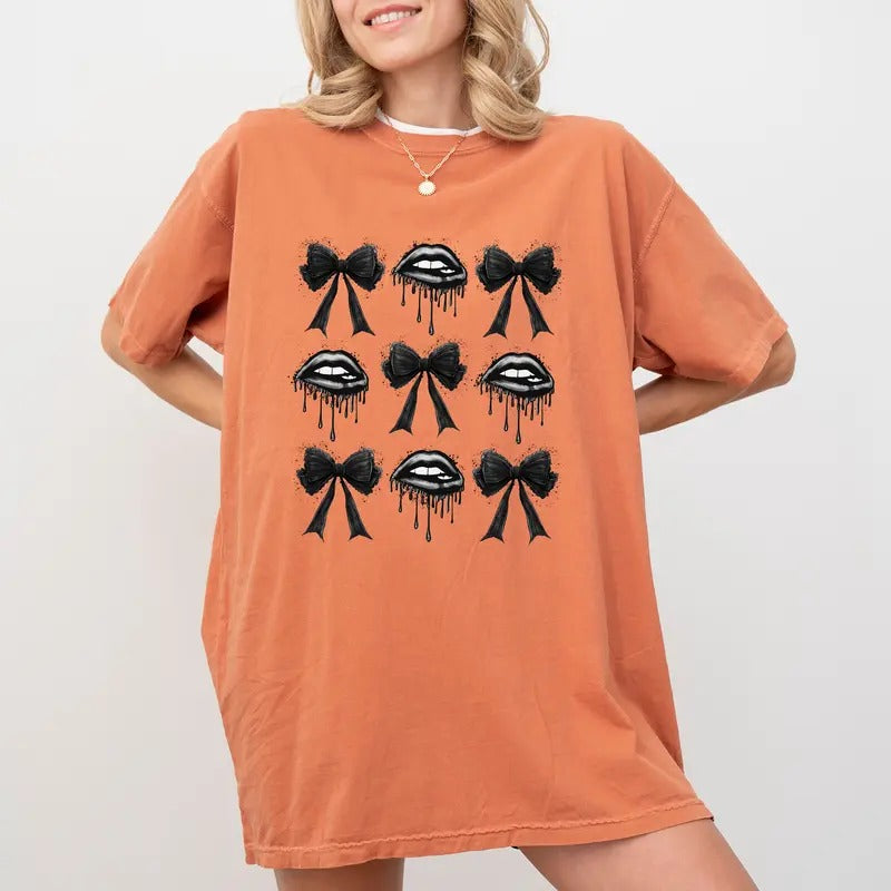 Coquette Lips And Bows Gothic Shirt, Gothic Vibes Tee, Halloween Coquette Unisex Shirt, Halloween Party Graphic Printed Tee, Halloween Outfits, Halloween Gift Shirt, Coquette Gothic Spooky Tee, Women's Top, Womenswear, Cotton Fabric Relaxed Tee
