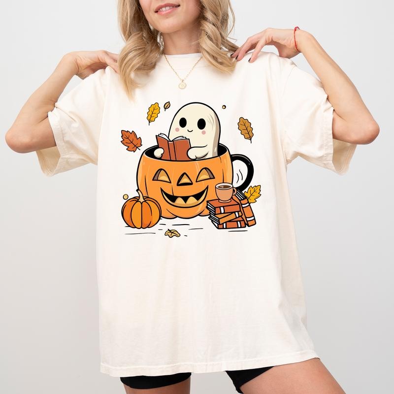 Cute Ghost Reading Book Comfort Colors Shirt, Retro Fall Graphic Tee, Book Lover Fall Unhinged Shirt, Funny T-shirt For Women, Librarian Tee, Teacher Shirt, Halloween Gift, Comfy Fabric Graphic Tee, Womenswear, Cotton Fabric Relaxed Fit Chic Style