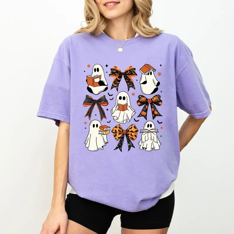 Cute Ghosts Reading Books Tee, Coquette Halloween Graphic T-shirt, Read More Books Halloween Unhinged Shirt, Coquette Bow Ghost Books Tee, Book Lover Shirt, Comfy Fabric Graphic Tee, Women's Tops, Cotton Fabric Relaxed Fit Chic Style coquette clothing
