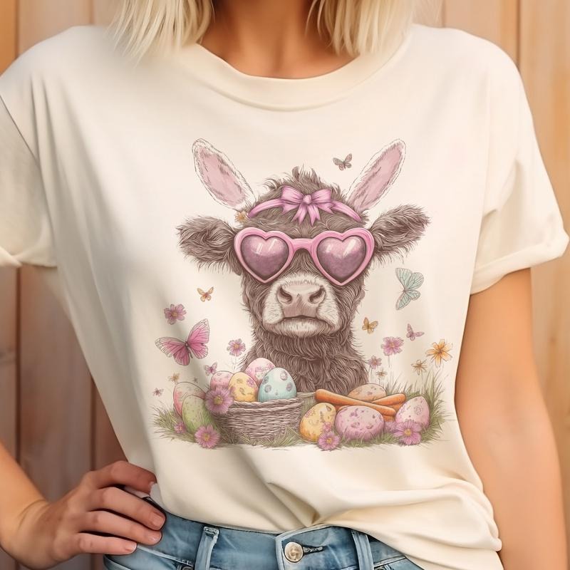 Easter Cow Bunny Rabbit Ears Graphic Tee Country Farm Easter Cow Tshirt Casual Womens Holiday Easter Top