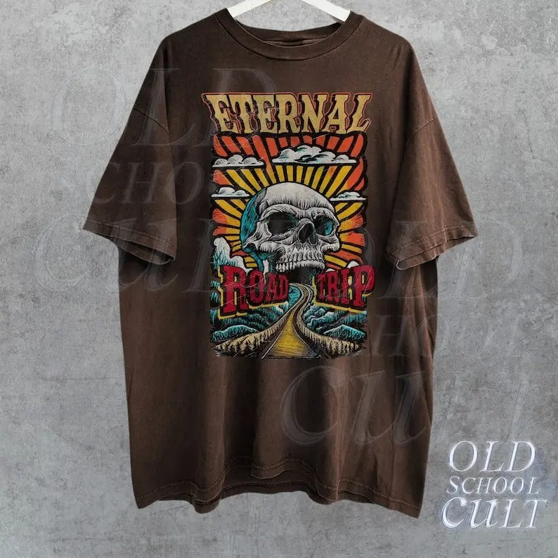 Eternal Road Trip Retro T-Shirt, Vintage 90s Skull Graphic Shirt, Washed Relaxed Shirt, Retro Unisex Graphic Shirts, Road Trip Shirts