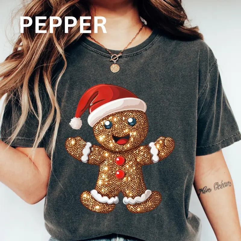 Faux Glitter Gingerbread Man Shirt, Graphic Christmas shirt, Comfort Colors Christmas Graphic Shirt, Cotton Unisex Top