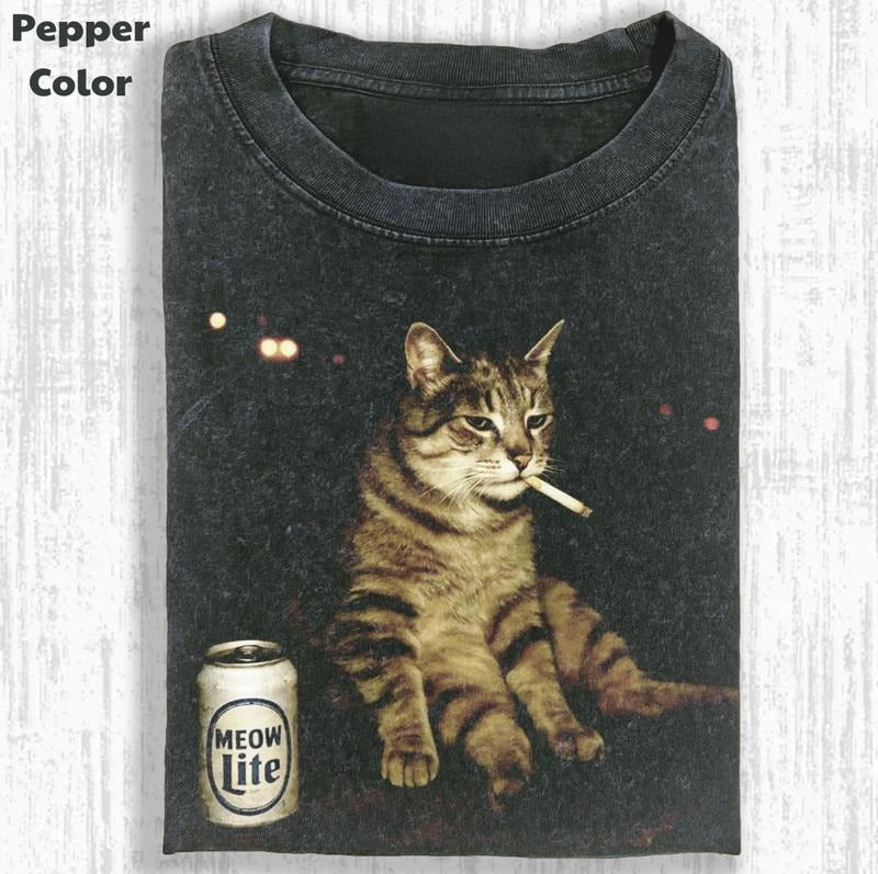 Funny Animal Vintage Graphic Tee, Meow Lite T-Shirt, Cat Shirt, Unisex Meme Cringe Funny Shirt, Menswear Womenswear Streetwear Cotton Comfort