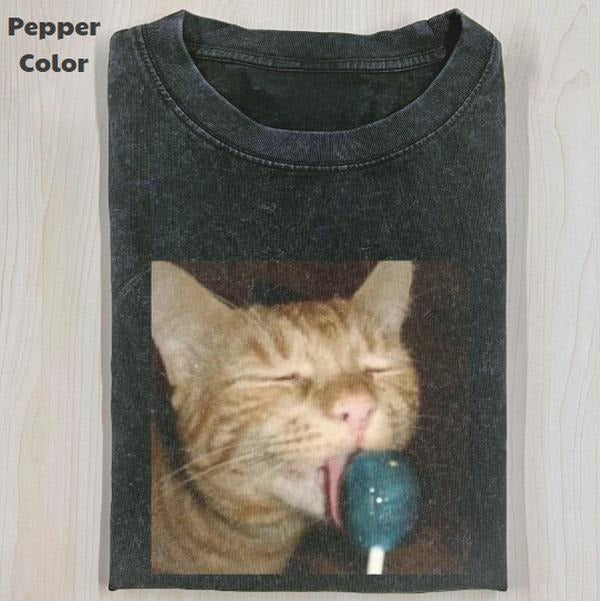 Funny Animal Vintage Graphic Tee, Orange Cat Eating Candy T-Shirt, Cute Kitten Animal Shirt, Unisex Meme Cringe Funny Shirt, Menswear Womenswear Streetwear Cotton Comfort