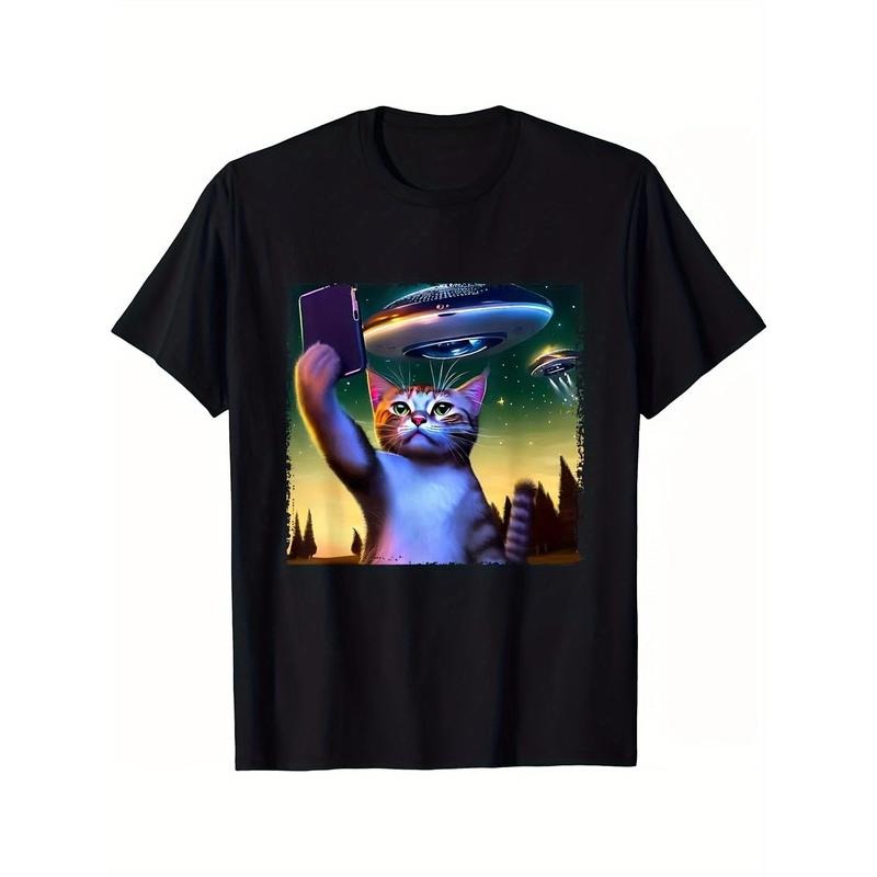 Funny Cat Selfie With UFO Printed Men's Cotton T-shirt made in usa