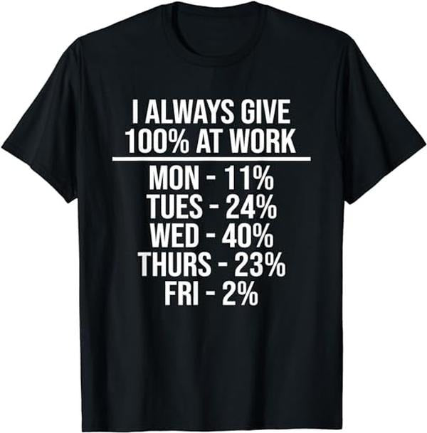 Funny Work Shirts, I Always Give 100% At Work Funny Work Quotes Humor Sarcastic T-Shirt Menswear Casual Cotton