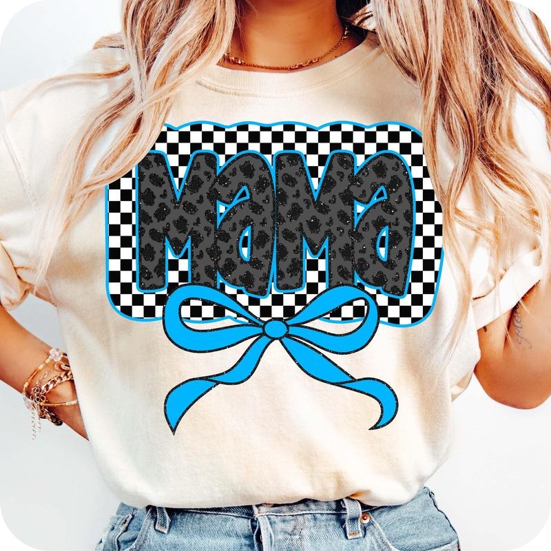 Glitter Blue Mama Coquette Bow T-Shirt, Mama Checkered T-Shirt, Boy Mama T-Shirt, Mama Varsity T-Shirt, Pink Mama T-Shirt, Mama Bow T-Shirt