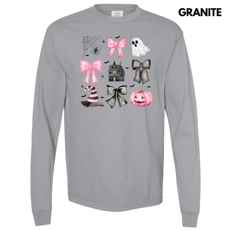Haunted Halloween Bow Collage Long Sleeve Comfort Colors T-Shirt 'NLB'