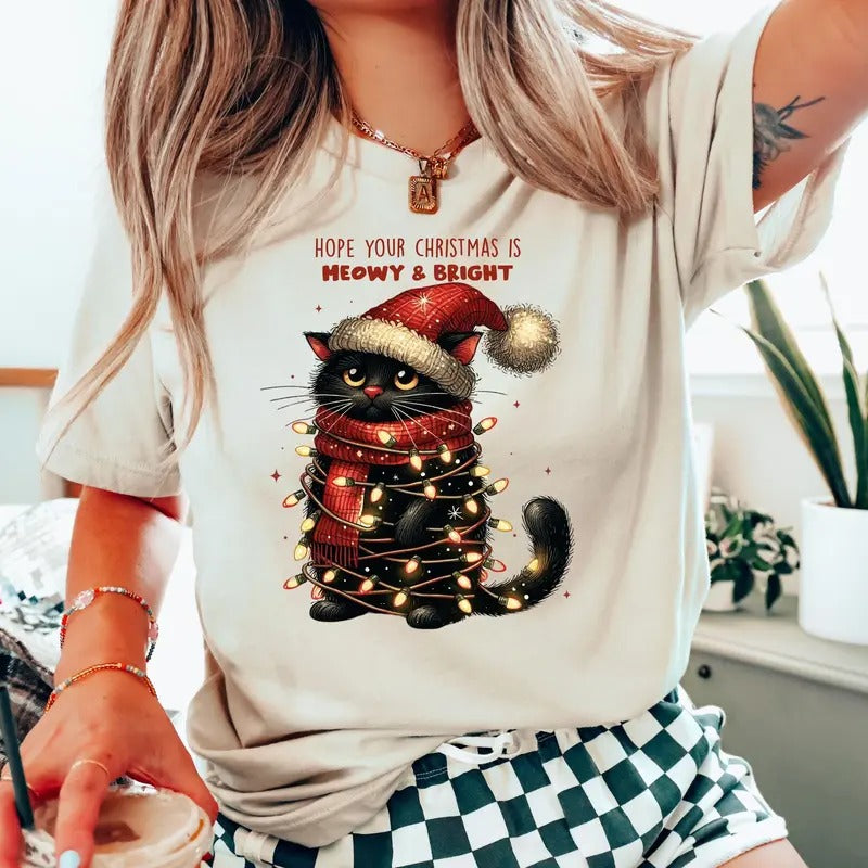 Hope Your Christmas Is Meowy and Bright Sweatshirt, Christmas Lights Sweater, Merry Christmas Cat Shirts, Funny Christmas T-Shirt