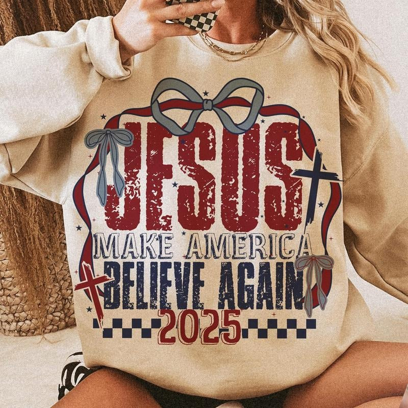Jesus Make America Believe Again Shirt Shirt, Coquette 4Th Of July Shirt, Christian 4Th Of July Shirt, American Girl Shirt,Jesus Shirt, Memorial Day Shirt
