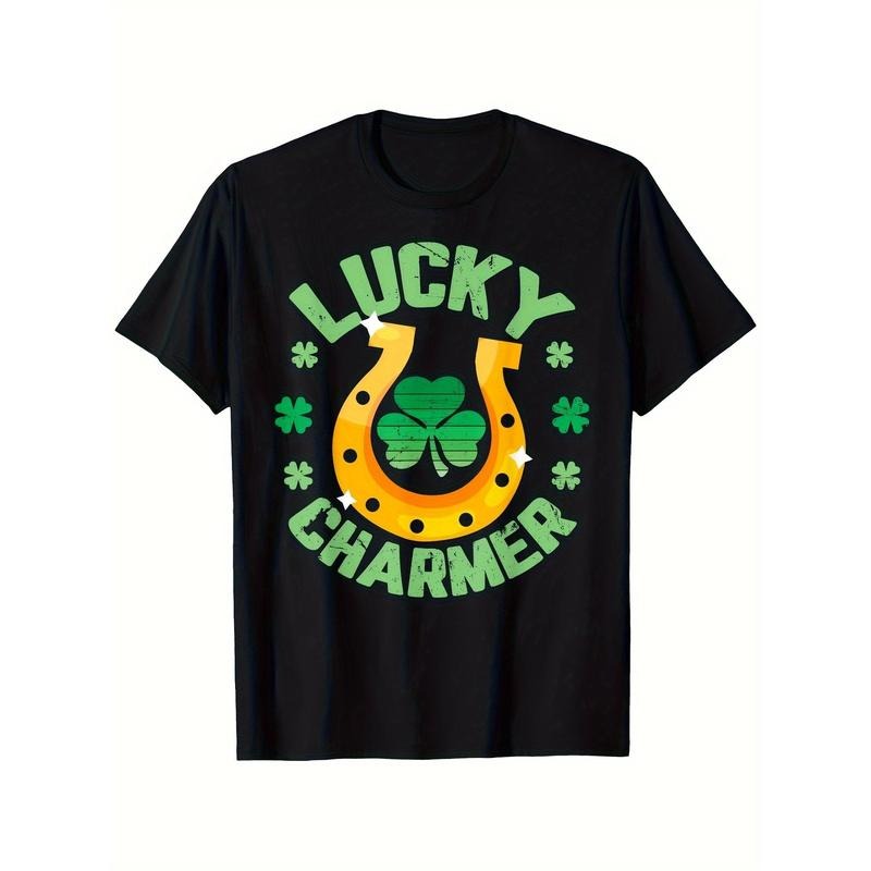 Lucky Charm St. Patrick's Day Men's T-Shirt - 100% Cotton, Crew Neck, Short Sleeve, Black with Green & White Shamrock & Horseshoe Design, Relaxed Fit, Sizes S-XXXL, Lightweight 180g, Perfect for Holiday Festivities made in usa