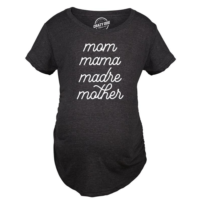 Maternity Mom Mama Madre Mother T Shirt Cute Mother's Day Different Moms Spellings Novelty Graphic Tee for Mother To Be Funny Graphic Maternity Tee Cute Pregnancy Tees With Plus Sizes Mother's Day Black