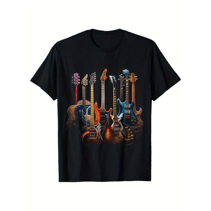 Men's Guitar Graphic Tee - Short Sleeve Crew Neck Cotton T-shirt for Outdoor Casual Wear with Comfortable Fit and Stylish Print Design Made in USA