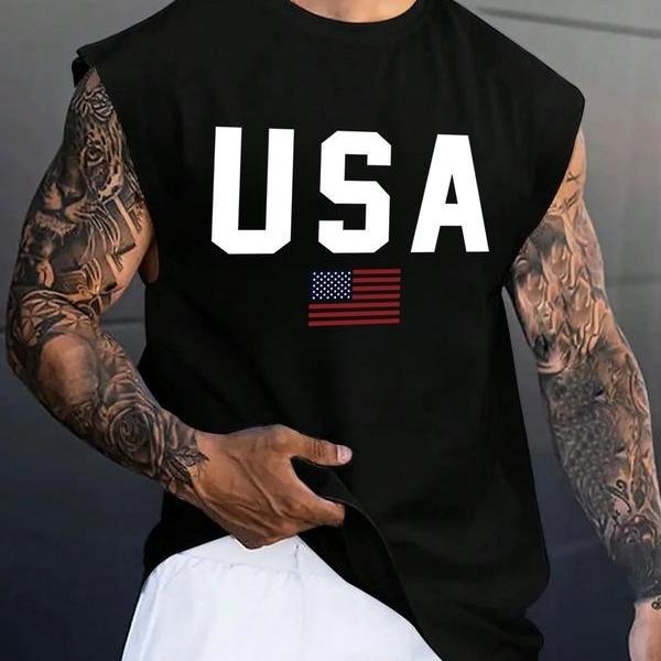 Men's Letter & Flag Print Round Neck Tank Top Round Neck Tank Top, Regular Fit Graphic Casual Top for Summer, Men's Top for Daily Wear