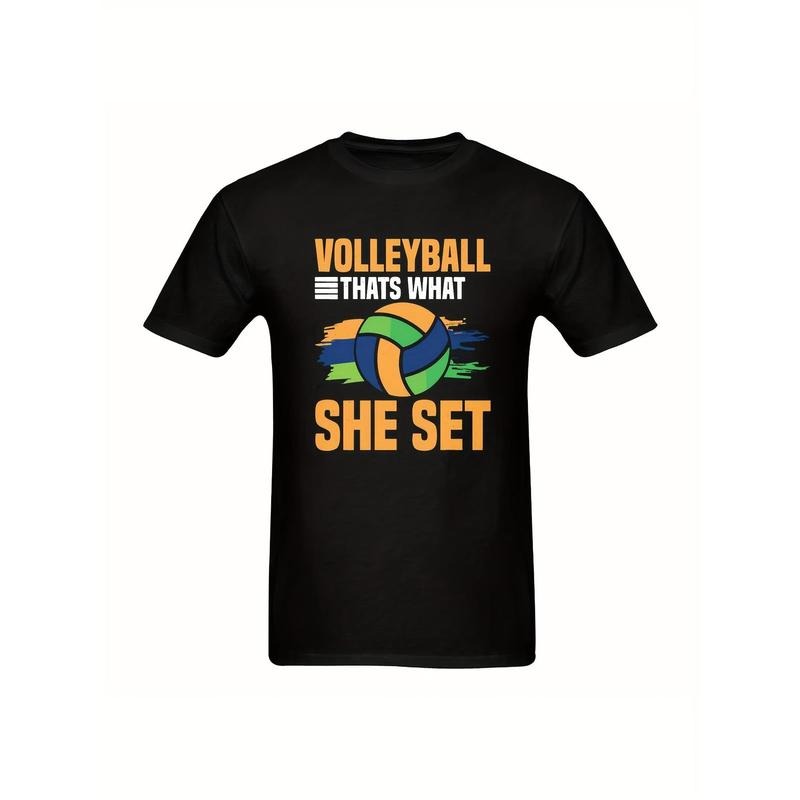 Men's Volleyball-Themed T-Shirt - 'VOLLEYBALL THAT'S WHAT SHE SET' Slogan With Orange & Green Ball Graphic - Stylish Black Tee" made in usa