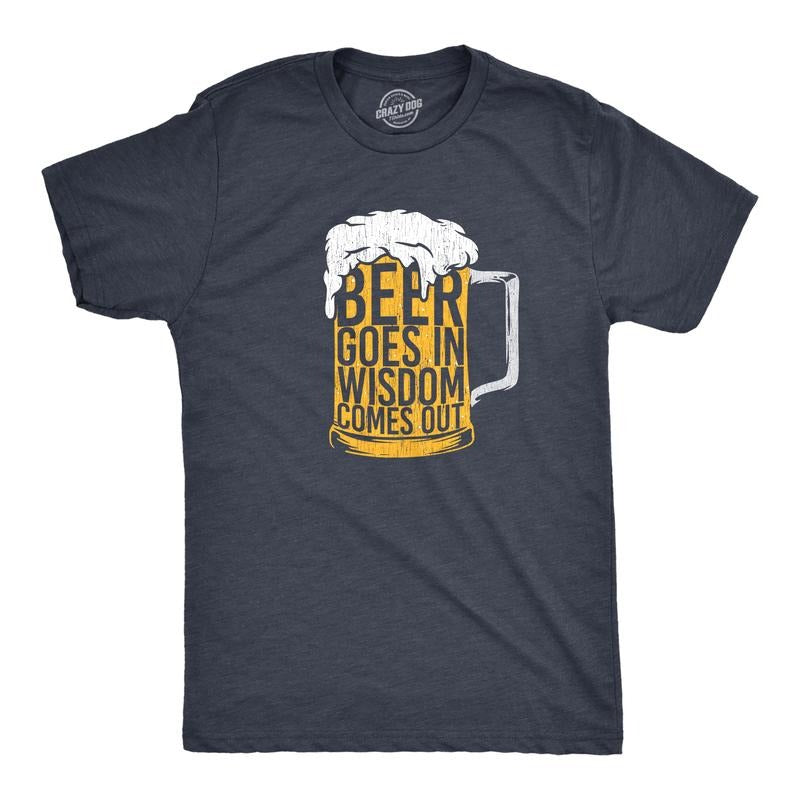 Mens Beer Goes In Wisdom Comes Out T Shirt Funny Sarcastic Beer Drinking Foam Graphic Tee for Guys Mens Funny T Shirts Cool Tees Soft Navy -