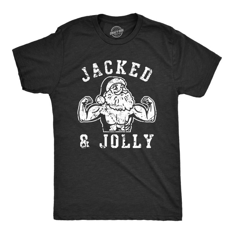 Mens Jacked and Jolly T Shirt Funny Xmas Buff Ripped Santa Claus Exercise Tee for Guys Mens Funny T Shirts Cool Tees Soft Stylish Casual Menswear Christmas Apparel for Men Funny Fitness Short Sleeve Black -