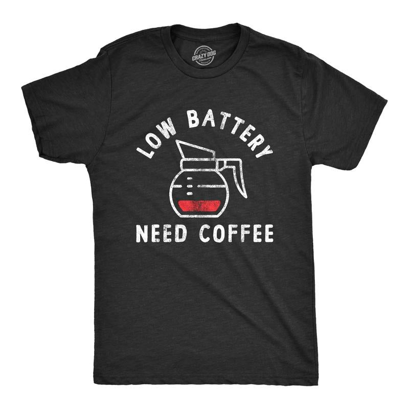 Mens Low Battery Need Coffee T Shirt Funny Sarcastic Low Power Bar Tee for Guys Mens Funny T Shirts Cool Tees Soft Stylish Casual Menswear Funny Coffee Short Sleeve Novelty Tees for Guys Black