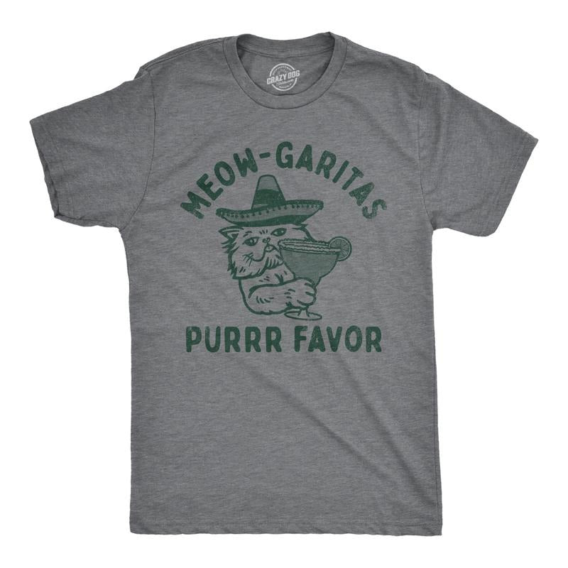 Mens Meow Garitas Purrr Favor T Shirt Funny Kitten Lovers Mixed Cocktail Drinking Joke Tee For Guys Mens Funny T Shirts Cool Tees Soft Stylish Casual Menswear Liquor Apparel for Men Funny Cat Short Dark Grey
