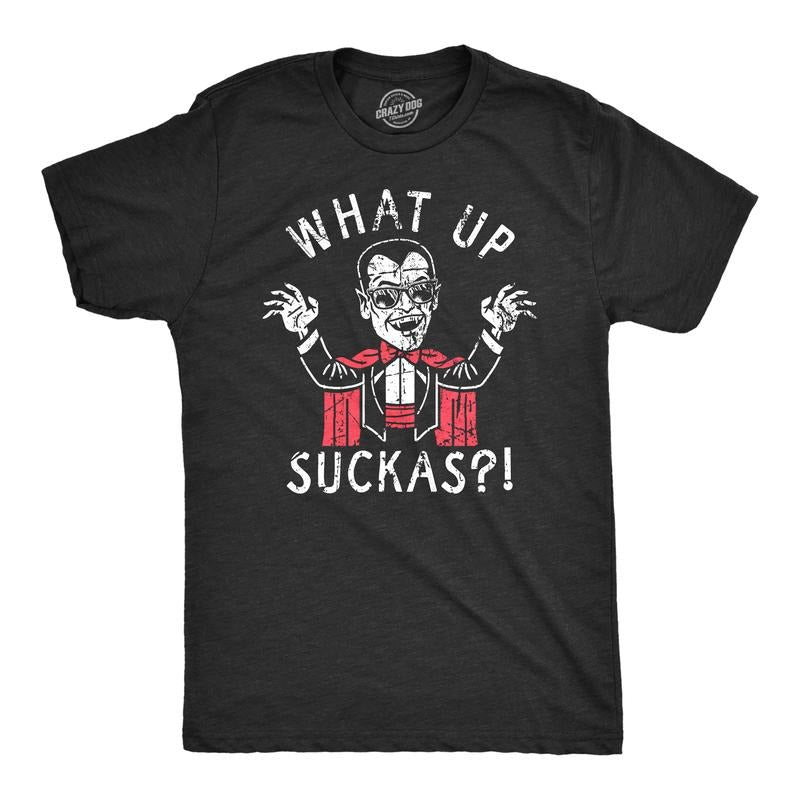 Mens What Up Suckas T Shirt Funny Spooky Halloween Party Vampire Tee For Guys Mens Funny T Shirts Cool Tees Soft Stylish Casual Menswear Halloween Apparel for Men Novelty Tees for Guys Black -