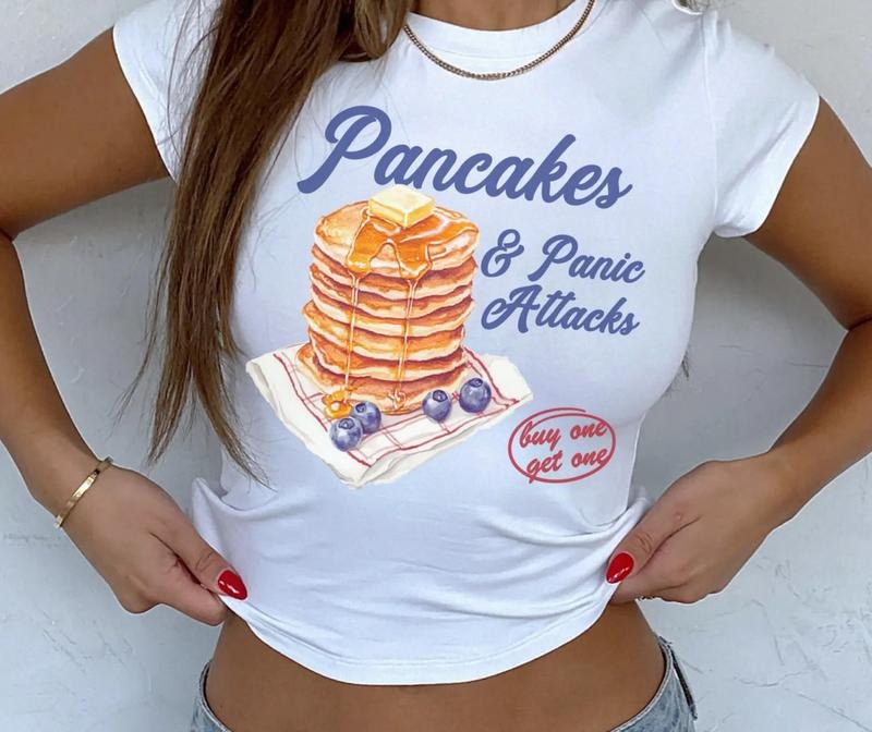 Pancakes And Panic Attacks Baby Tee, Funny Quotes Baby Tee, Mental Health Humor Sarcasm T-Shirt, Funny Sassy Saying Shirt