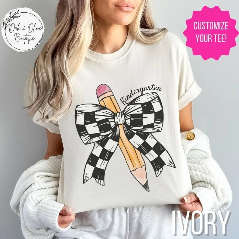 Personalized Back to School Teacher T- Shirt, Retro Teacher Coquette Pencil Bow Tee, First Day of School Teacher Gift Apparel