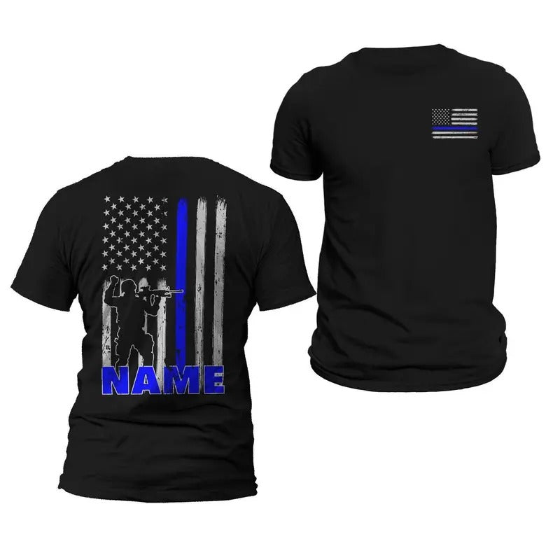 Personalized Police Officer Thin Blue Line Flag T-Shirt - Classic Fit - Casual Cotton Crewneck Menswear Top