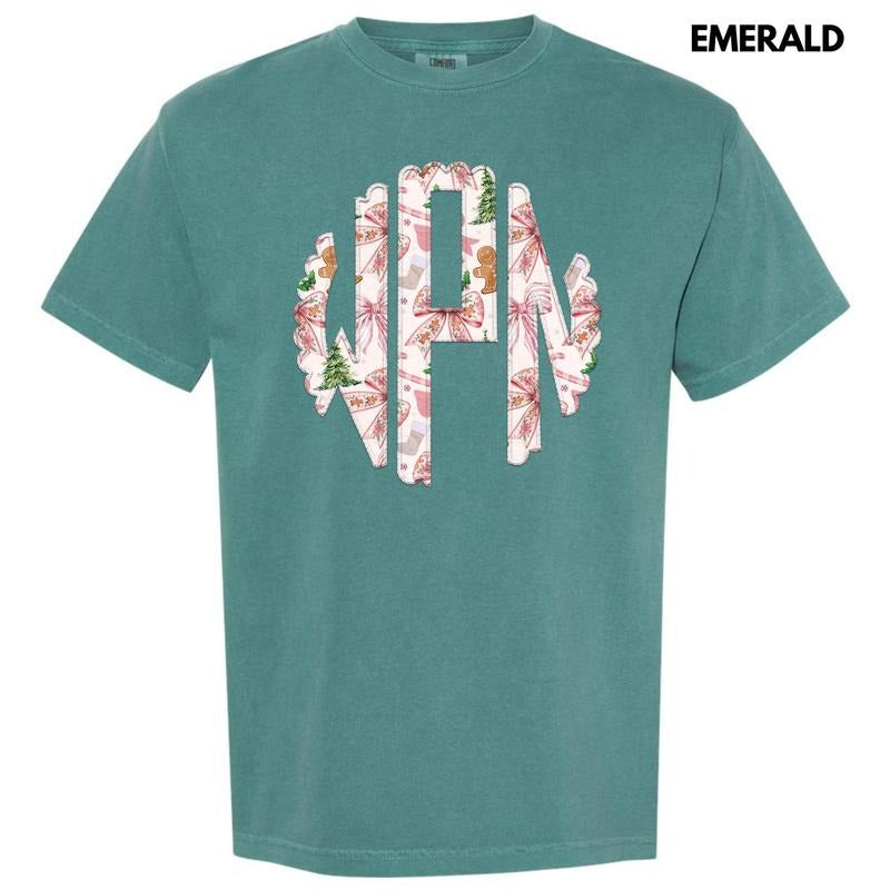 Pink Gingerbread Bow Monogram Comfort Colors T-Shirt 'NLB'