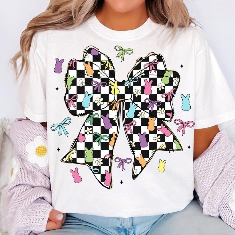 Retro Checkered Easter Coquette Bow T-Shirt, Easter T-Shirt, Easter Bow T-Shirt, Easter Bunny T-Shirt, Spring T-Shirt, Preppy Easter T-Shirt