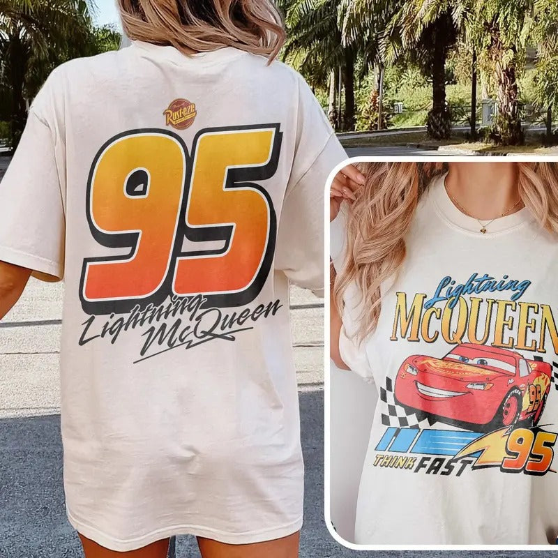 Retro Lightning McQueeen 2 Side Shirt, Lightning McQueeen 95 Shirt, Piston Cup Cars Land Shirt Comfort Fabric