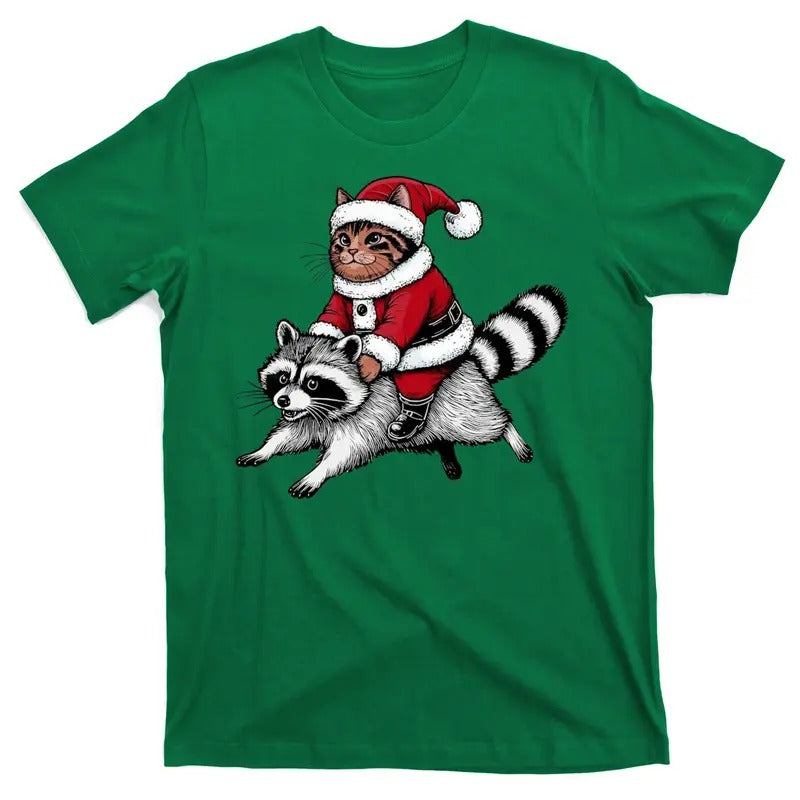 Santa Cat Raccoon Funny Christmas Animal Lover Fun T-Shirt for Men or Women