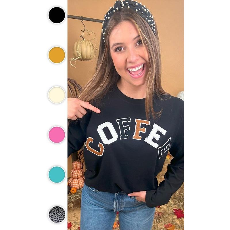 Soft Chenille Coffee Graphic Boyfriend Long Sleeve T-Shirt