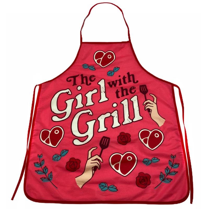 The Girl With The Grill Apron Funny Backyard BBQ Grilling Kitchen Smock Funny Graphic Kitchenwear Funny Food Novelty Cookware Red