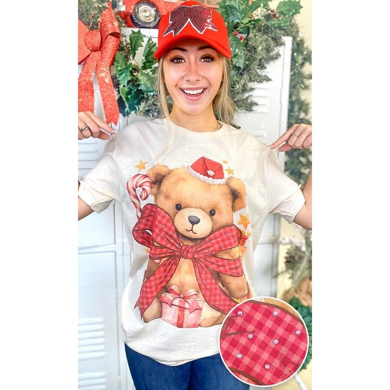 Toby Teddy Bear Christmas Rhinestone Graphic T-Shirt