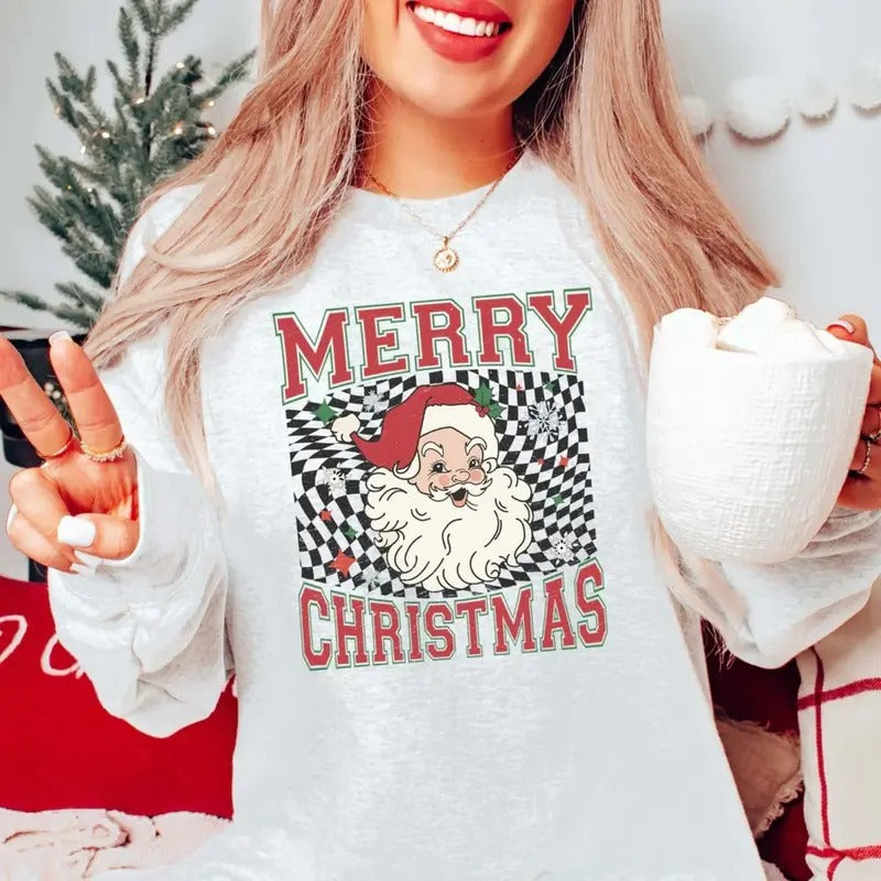 Vintage Merry Christmas Santa Checkered Graphic Tee - Santa Claus - Christmas Vibes - Cute Christmas Gifts