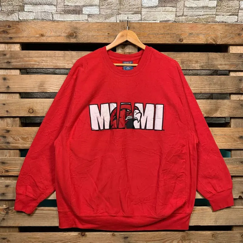 Vintage NCAA Miami RedHawks Sweatshirt Redhawks Pullover Sweater Redhawks Crewneck Jumper Miami Redhawks Embroidery Graphic Red Colour