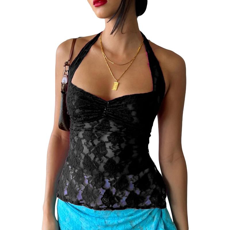 Women Sexy Lace Cami Top Sleeveless See Through Halter Tie-up Backless Crop Top Y2k Girls Going Out Shirt Sheer Shirt Camisole Streetwear