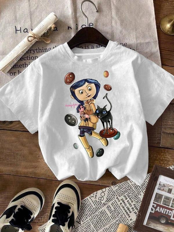 Women's Cartoon Cat & Letter Print Round Neck Tee, Casual Short Sleeve T-shirt for Daily Wear, Ladies Clothes for All Seasons
