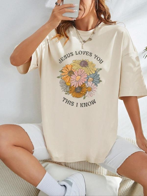 Women's Floral & Letter Print Round Neck Graphic Tee, Vintage Trendy Casual Drop Shoulder Half Sleeve T-shirt For Daily Wear, Ladies Summer Outfit