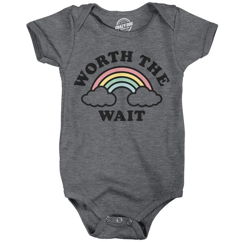 Worth The Wait Baby Bodysuit Funny Sarcastic Rainbow Graphic Novelty Jumper For Infants Funny Baby Onesies Funny Sarcastic Onesie Novelty Onesie Dark Grey