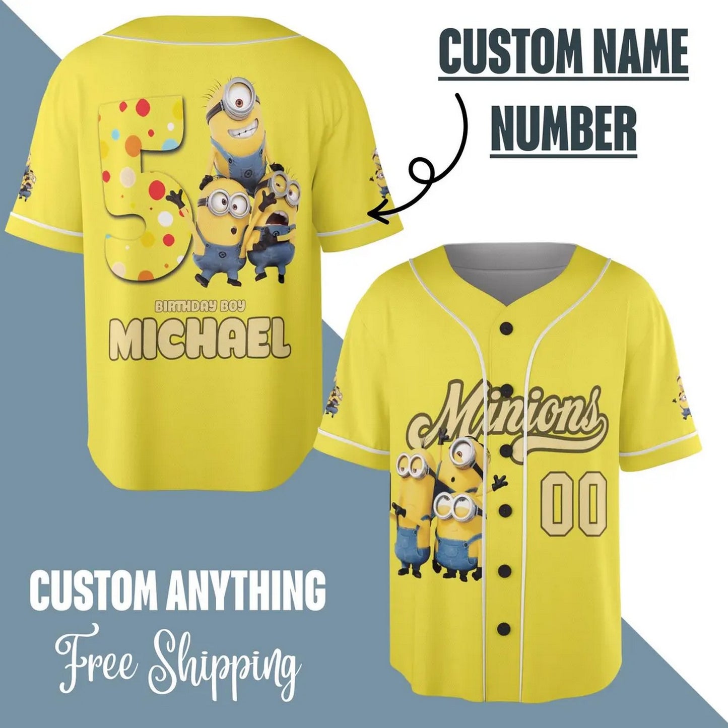 Custom Name And Number Funny Birthday Minion Yellow Baseball Jersey