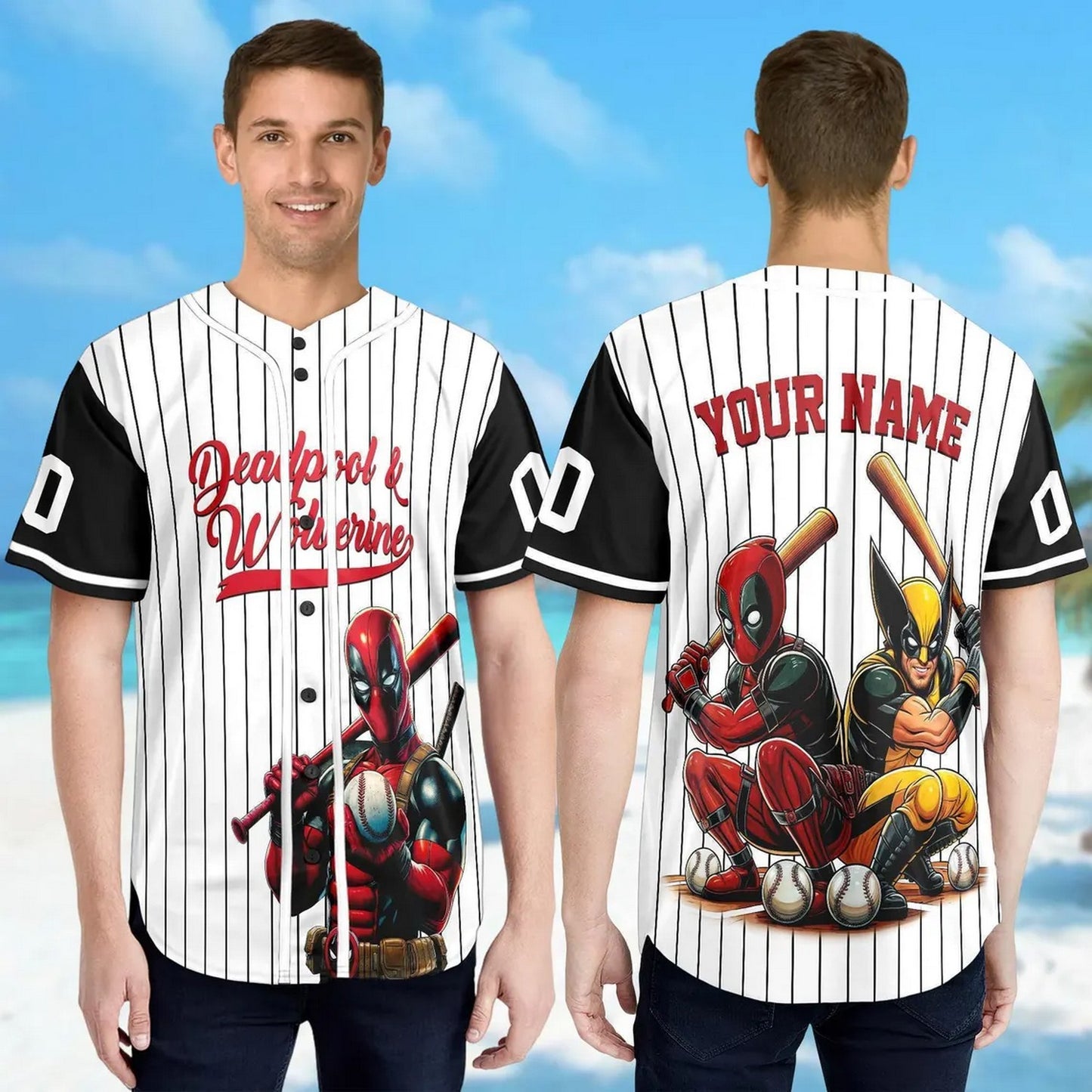 Custom Name And Number Funny Sporty Deadpool And Wolverine Stiped White Black Baseball Jersey